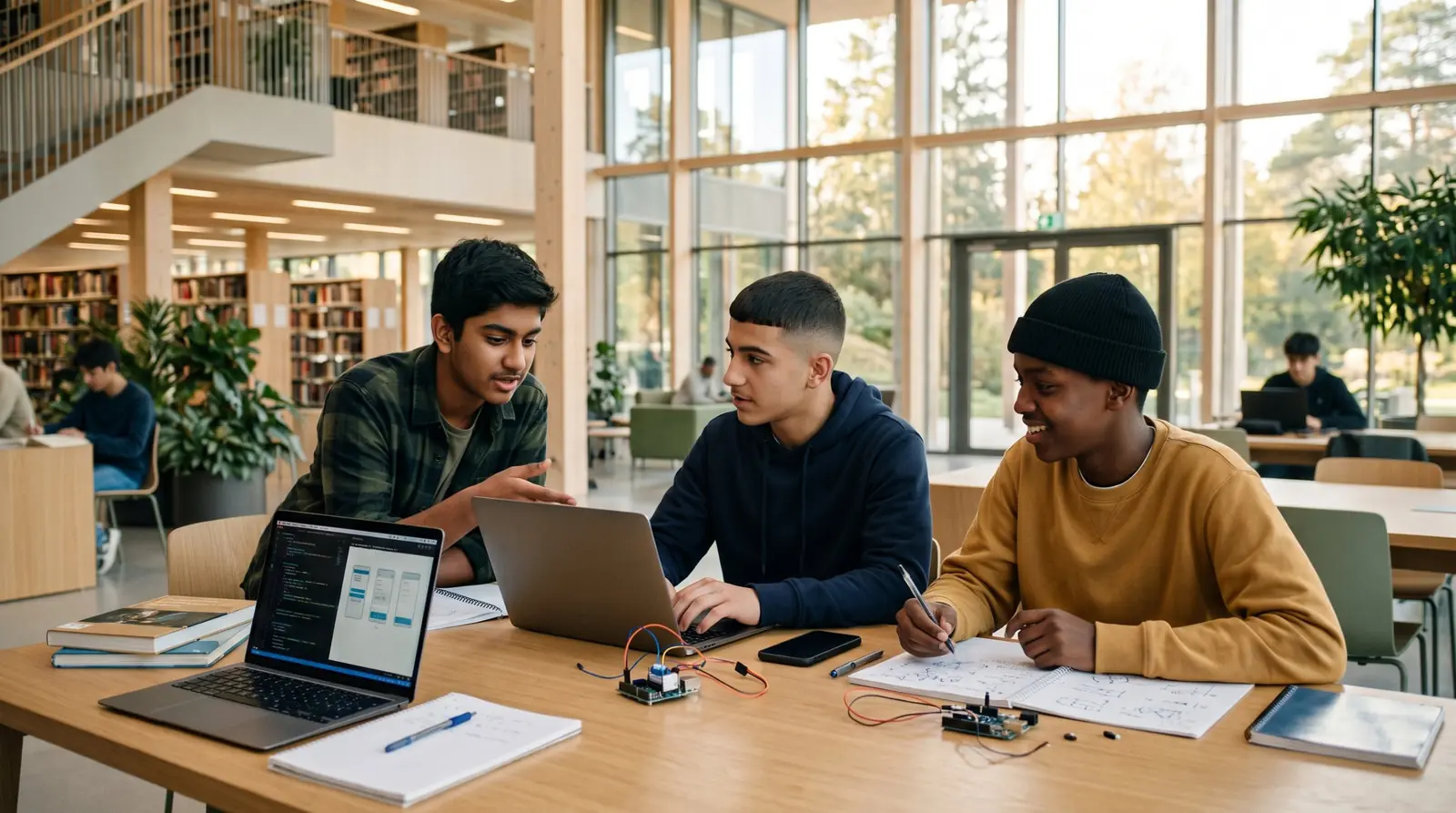 Three teenage boys at a library table with laptops, a circuit board and a notebook of sketches, talking through a project.