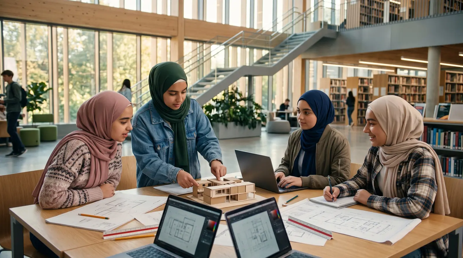 Four teenage girls in headscarves working together at a library table on an architecture model, floor plans and laptops.